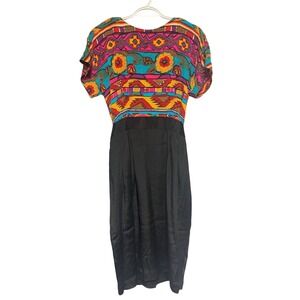 Rickie Freeman for Teri Jon Vintage Silk Abstract Print Black Midi Dress Size 10